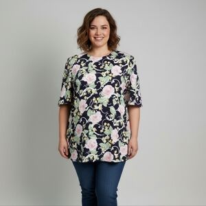 Liz Baker Women's Blue Vintage Floral Padded Short Sleeve Blouse Size 20W EUC 🐈